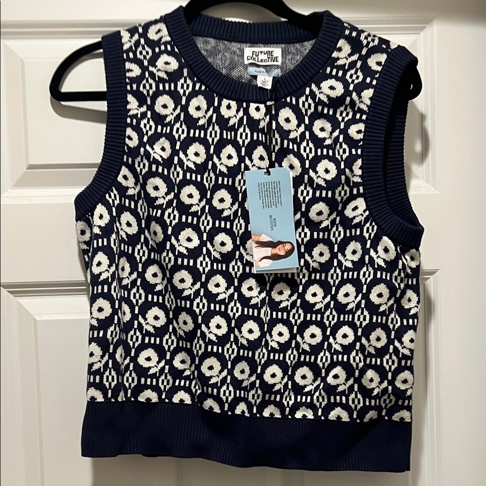 Future Collective Navy and White Patterned Sweater Vest